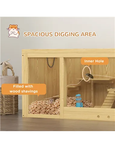 PawHut Wooden Hamster Cage with Water Bottle, Platforms, Openable Roof, Sliding Tray, Hut, Seesaws, Natural Wood Finish
