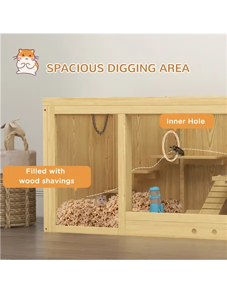 PawHut Wooden Hamster Cage with Water Bottle, Platforms, Openable Roof, Sliding Tray, Hut, Seesaws, Natural Wood Finish
