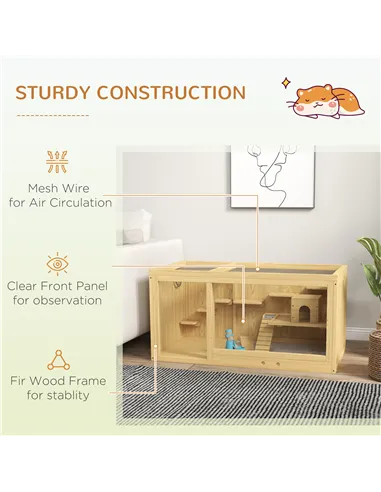 PawHut Wooden Hamster Cage with Water Bottle, Platforms, Openable Roof, Sliding Tray, Hut, Seesaws, Natural Wood Finish