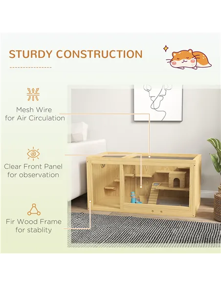 PawHut Wooden Hamster Cage with Water Bottle, Platforms, Openable Roof, Sliding Tray, Hut, Seesaws, Natural Wood Finish