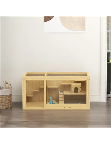 PawHut Wooden Hamster Cage with Water Bottle, Platforms, Openable Roof, Sliding Tray, Hut, Seesaws, Natural Wood Finish