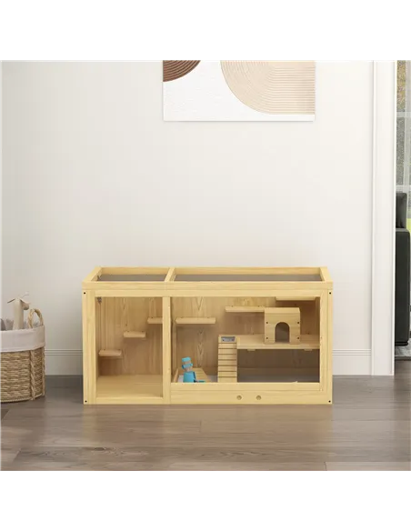 PawHut Wooden Hamster Cage with Water Bottle, Platforms, Openable Roof, Sliding Tray, Hut, Seesaws, Natural Wood Finish