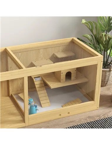 PawHut Wooden Hamster Cage with Water Bottle, Platforms, Openable Roof, Sliding Tray, Hut, Seesaws, Natural Wood Finish