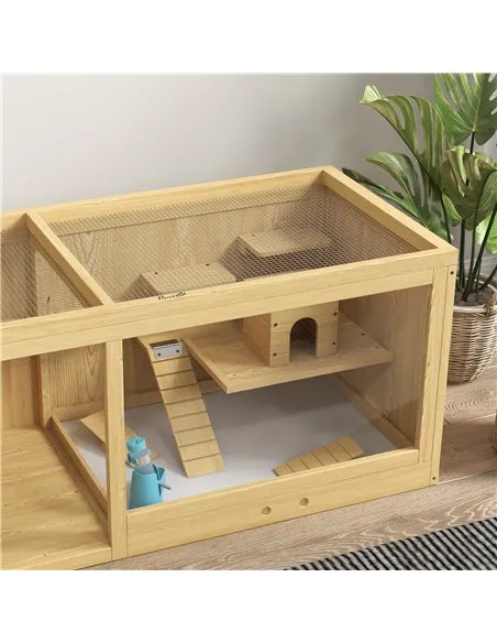PawHut Wooden Hamster Cage with Water Bottle, Platforms, Openable Roof, Sliding Tray, Hut, Seesaws, Natural Wood Finish