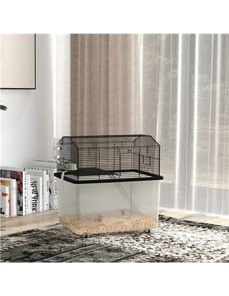 PawHut Two-Tier Gerbil Cage, Hamster Cage for Dwarf Hamster, Syrian Hamster w/ Wheels, Deep Bottom, Food Dish, Water Bottle