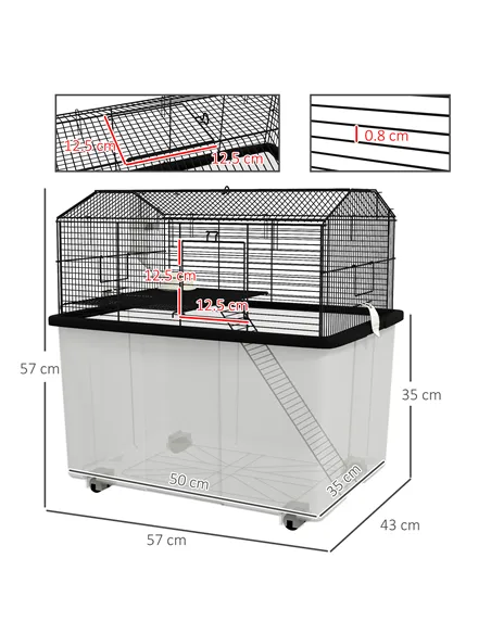 PawHut Two-Tier Gerbil Cage, Hamster Cage for Dwarf Hamster, Syrian Hamster w/ Wheels, Deep Bottom, Food Dish, Water Bottle