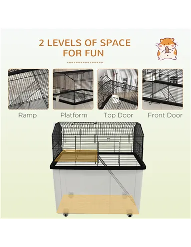 PawHut Two-Tier Gerbil Cage, Hamster Cage for Dwarf Hamster, Syrian Hamster w/ Wheels, Deep Bottom, Food Dish, Water Bottle