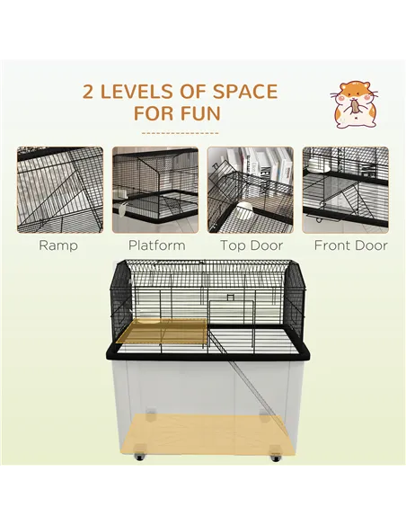 PawHut Two-Tier Gerbil Cage, Hamster Cage for Dwarf Hamster, Syrian Hamster w/ Wheels, Deep Bottom, Food Dish, Water Bottle