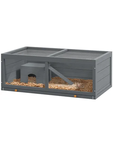 PawHut Wooden Hamster Cage with Sliding Tray, Openable Top, Hut for Syrian Hamster, Grey