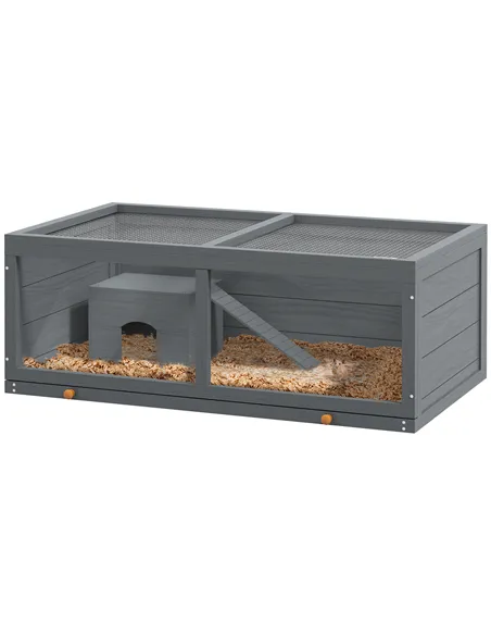 PawHut Wooden Hamster Cage with Sliding Tray, Openable Top, Hut for Syrian Hamster, Grey