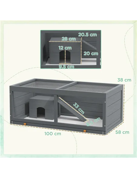 PawHut Wooden Hamster Cage with Sliding Tray, Openable Top, Hut for Syrian Hamster, Grey