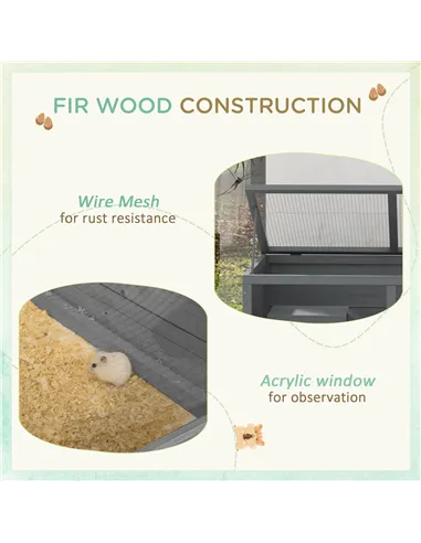 PawHut Wooden Hamster Cage with Sliding Tray, Openable Top, Hut for Syrian Hamster, Grey