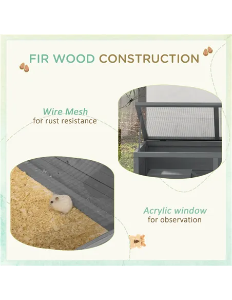 PawHut Wooden Hamster Cage with Sliding Tray, Openable Top, Hut for Syrian Hamster, Grey