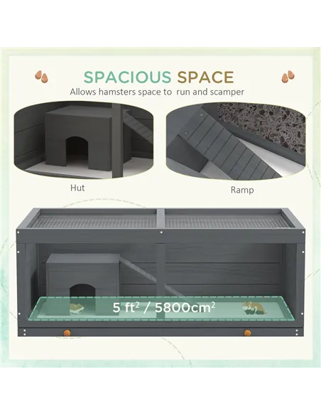 PawHut Wooden Hamster Cage with Sliding Tray, Openable Top, Hut for Syrian Hamster, Grey
