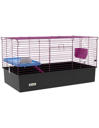 PawHut Chinchillas Small Rabbit Guinea Pig Small Animal Cage, Pet Playhouse, with Platform, Ramp, 99 x 52 x 53cm, Black