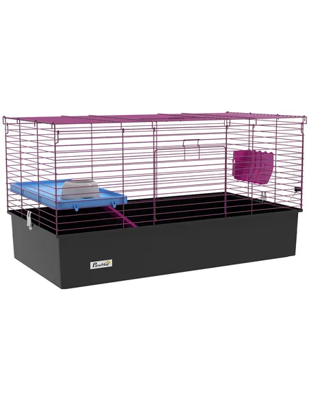 PawHut Chinchillas Small Rabbit Guinea Pig Small Animal Cage, Pet Playhouse, with Platform, Ramp, 99 x 52 x 53cm, Black