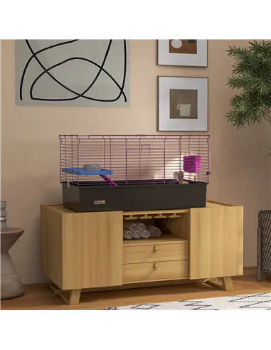 PawHut Chinchillas Small Rabbit Guinea Pig Small Animal Cage, Pet Playhouse, with Platform, Ramp, 99 x 52 x 53cm, Black