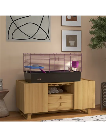 PawHut Chinchillas Small Rabbit Guinea Pig Small Animal Cage, Pet Playhouse, with Platform, Ramp, 99 x 52 x 53cm, Black