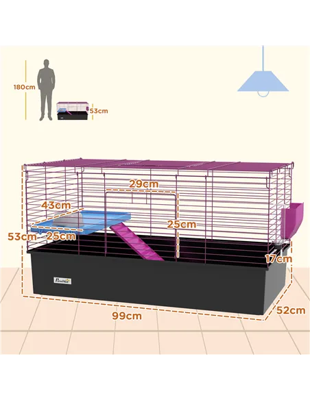 PawHut Chinchillas Small Rabbit Guinea Pig Small Animal Cage, Pet Playhouse, with Platform, Ramp, 99 x 52 x 53cm, Black