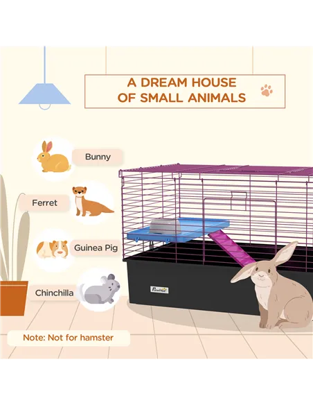 PawHut Chinchillas Small Rabbit Guinea Pig Small Animal Cage, Pet Playhouse, with Platform, Ramp, 99 x 52 x 53cm, Black