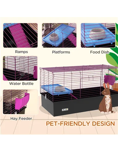 PawHut Chinchillas Small Rabbit Guinea Pig Small Animal Cage, Pet Playhouse, with Platform, Ramp, 99 x 52 x 53cm, Black