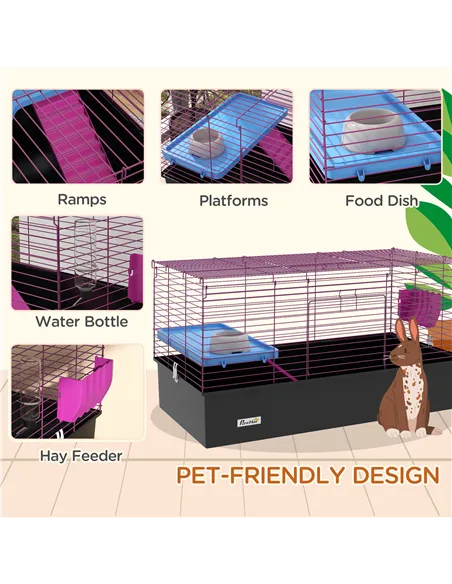 PawHut Chinchillas Small Rabbit Guinea Pig Small Animal Cage, Pet Playhouse, with Platform, Ramp, 99 x 52 x 53cm, Black