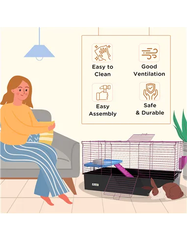 PawHut Chinchillas Small Rabbit Guinea Pig Small Animal Cage, Pet Playhouse, with Platform, Ramp, 99 x 52 x 53cm, Black