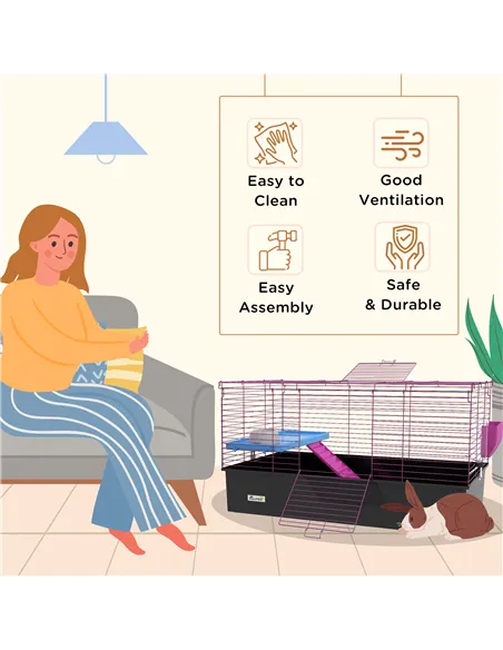 PawHut Chinchillas Small Rabbit Guinea Pig Small Animal Cage, Pet Playhouse, with Platform, Ramp, 99 x 52 x 53cm, Black