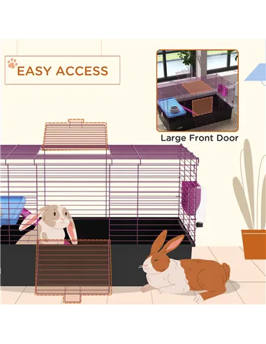 PawHut Chinchillas Small Rabbit Guinea Pig Small Animal Cage, Pet Playhouse, with Platform, Ramp, 99 x 52 x 53cm, Black