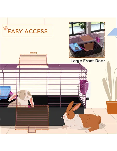 PawHut Chinchillas Small Rabbit Guinea Pig Small Animal Cage, Pet Playhouse, with Platform, Ramp, 99 x 52 x 53cm, Black