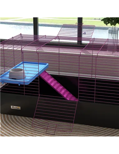 PawHut Chinchillas Small Rabbit Guinea Pig Small Animal Cage, Pet Playhouse, with Platform, Ramp, 99 x 52 x 53cm, Black