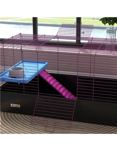 PawHut Chinchillas Small Rabbit Guinea Pig Small Animal Cage, Pet Playhouse, with Platform, Ramp, 99 x 52 x 53cm, Black