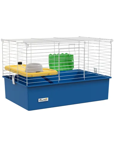 PawHut Chinchillas Small Rabbit Guinea Pig Small Animal Cage, Pet Playhouse, with Platform, Ramp, 71 x 46 x 47cm, Blue