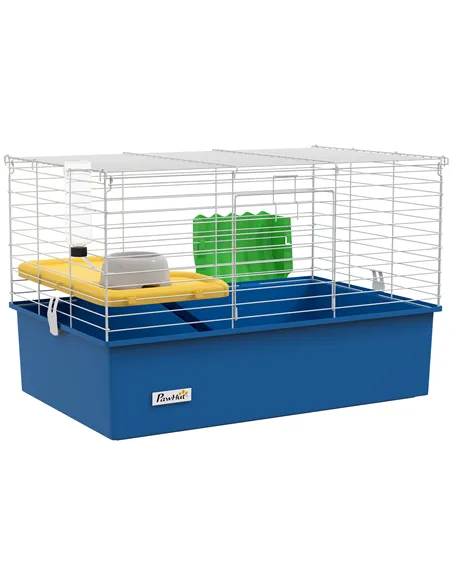 PawHut Chinchillas Small Rabbit Guinea Pig Small Animal Cage, Pet Playhouse, with Platform, Ramp, 71 x 46 x 47cm, Blue