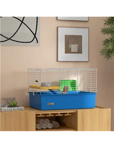 PawHut Chinchillas Small Rabbit Guinea Pig Small Animal Cage, Pet Playhouse, with Platform, Ramp, 71 x 46 x 47cm, Blue