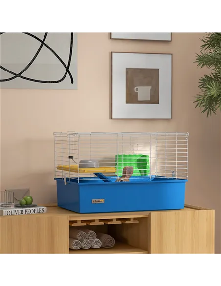 PawHut Chinchillas Small Rabbit Guinea Pig Small Animal Cage, Pet Playhouse, with Platform, Ramp, 71 x 46 x 47cm, Blue