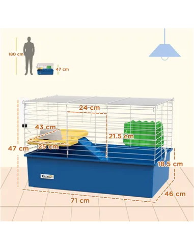 PawHut Chinchillas Small Rabbit Guinea Pig Small Animal Cage, Pet Playhouse, with Platform, Ramp, 71 x 46 x 47cm, Blue
