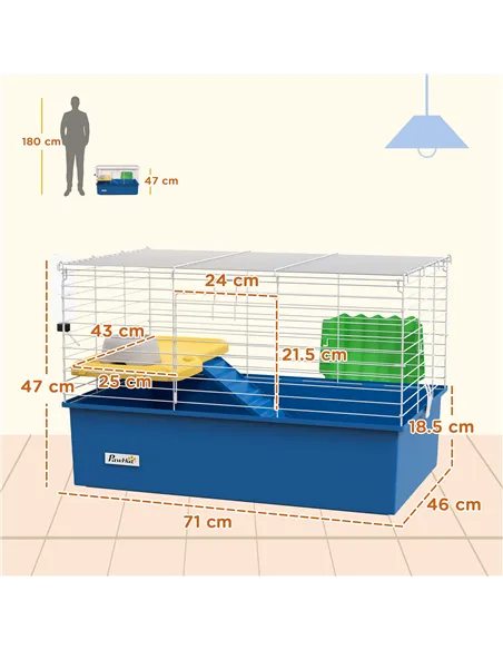 PawHut Chinchillas Small Rabbit Guinea Pig Small Animal Cage, Pet Playhouse, with Platform, Ramp, 71 x 46 x 47cm, Blue
