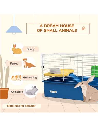 PawHut Chinchillas Small Rabbit Guinea Pig Small Animal Cage, Pet Playhouse, with Platform, Ramp, 71 x 46 x 47cm, Blue
