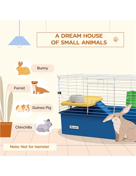 PawHut Chinchillas Small Rabbit Guinea Pig Small Animal Cage, Pet Playhouse, with Platform, Ramp, 71 x 46 x 47cm, Blue