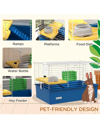 PawHut Chinchillas Small Rabbit Guinea Pig Small Animal Cage, Pet Playhouse, with Platform, Ramp, 71 x 46 x 47cm, Blue