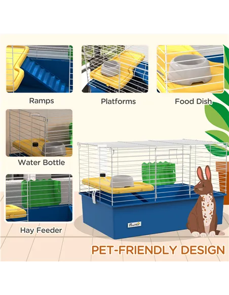 PawHut Chinchillas Small Rabbit Guinea Pig Small Animal Cage, Pet Playhouse, with Platform, Ramp, 71 x 46 x 47cm, Blue