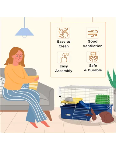 PawHut Chinchillas Small Rabbit Guinea Pig Small Animal Cage, Pet Playhouse, with Platform, Ramp, 71 x 46 x 47cm, Blue