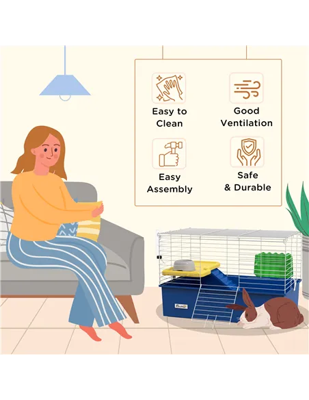 PawHut Chinchillas Small Rabbit Guinea Pig Small Animal Cage, Pet Playhouse, with Platform, Ramp, 71 x 46 x 47cm, Blue