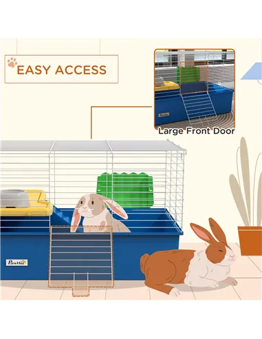 PawHut Chinchillas Small Rabbit Guinea Pig Small Animal Cage, Pet Playhouse, with Platform, Ramp, 71 x 46 x 47cm, Blue