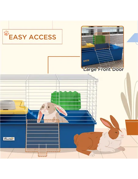 PawHut Chinchillas Small Rabbit Guinea Pig Small Animal Cage, Pet Playhouse, with Platform, Ramp, 71 x 46 x 47cm, Blue