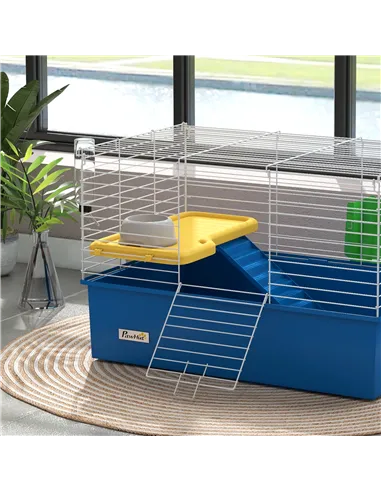 PawHut Chinchillas Small Rabbit Guinea Pig Small Animal Cage, Pet Playhouse, with Platform, Ramp, 71 x 46 x 47cm, Blue