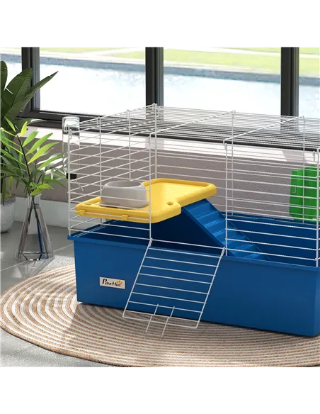 PawHut Chinchillas Small Rabbit Guinea Pig Small Animal Cage, Pet Playhouse, with Platform, Ramp, 71 x 46 x 47cm, Blue