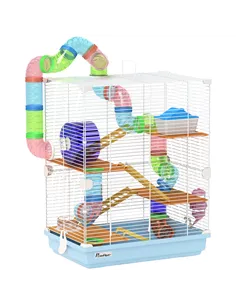 PawHut 5 Tier Hamster Cage Carrier Habitat w/ Exercise Wheels, Tunnel, Light Blue