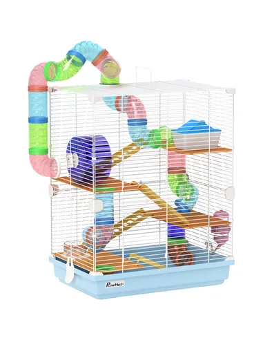 PawHut 5 Tier Hamster Cage Carrier Habitat w/ Exercise Wheels, Tunnel, Light Blue